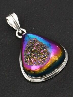 Rainbow Titanium Druzy Crystal Teardrop Heart Silver Pendant